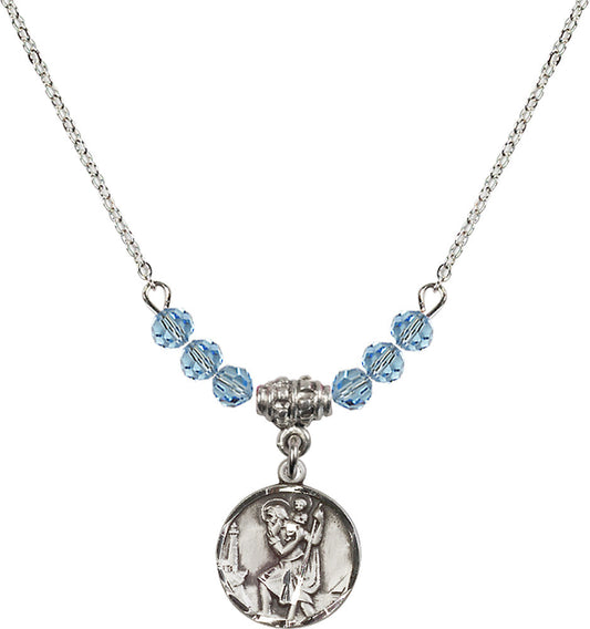 Sterling Silver Saint Christopher Birthstone Necklace with Aqua Beads - 0601