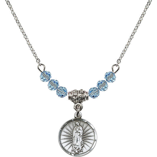 Sterling Silver Our Lady of Guadalupe Birthstone Necklace with Aqua Beads - 0601