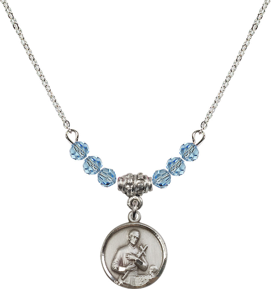 Sterling Silver Saint Gerard Birthstone Necklace with Aqua Beads - 0601