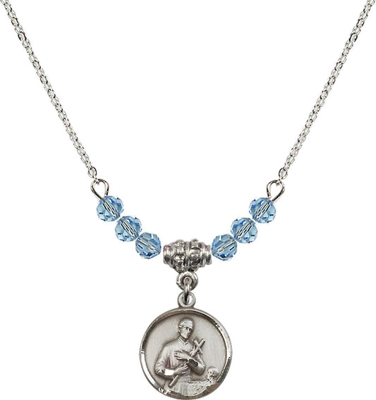 Sterling Silver Saint Gerard Birthstone Necklace with Aqua Beads - 0601