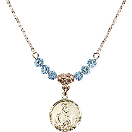 14kt Gold Filled Saint Jude Birthstone Necklace with Aqua Beads - 0601