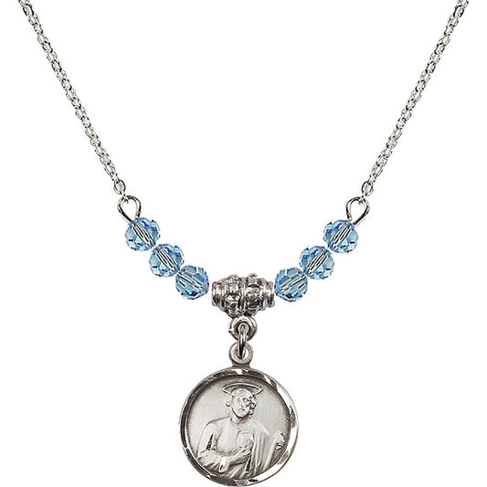 Sterling Silver Saint Jude Birthstone Necklace with Aqua Beads - 0601