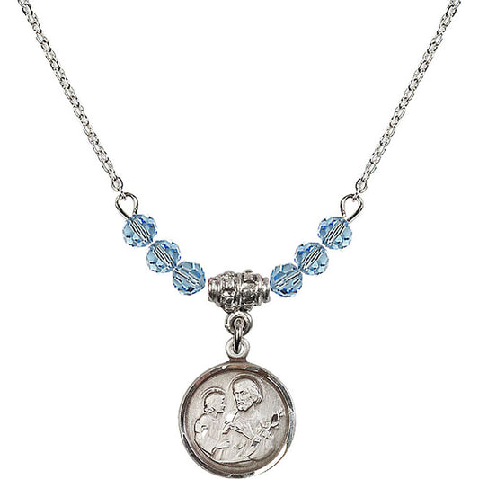 Sterling Silver Saint Joseph Birthstone Necklace with Aqua Beads - 0601