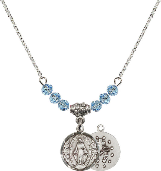Sterling Silver Miraculous Birthstone Necklace with Aqua Beads - 0601
