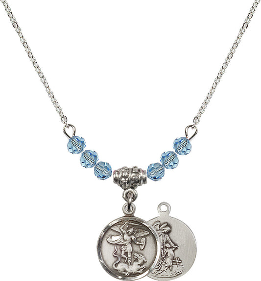 Sterling Silver Saint Michael the Archangel Birthstone Necklace with Aqua Beads - 0601