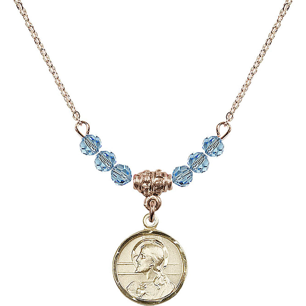 14kt Gold Filled Scapular Birthstone Necklace with Aqua Beads - 0601