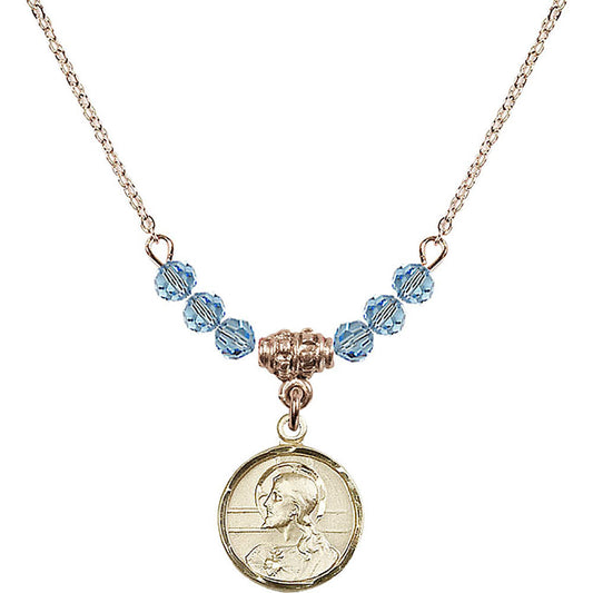 14kt Gold Filled Scapular Birthstone Necklace with Aqua Beads - 0601