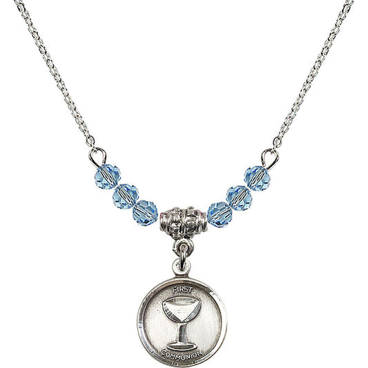Sterling Silver Communion Birthstone Necklace with Aqua Beads - 0601