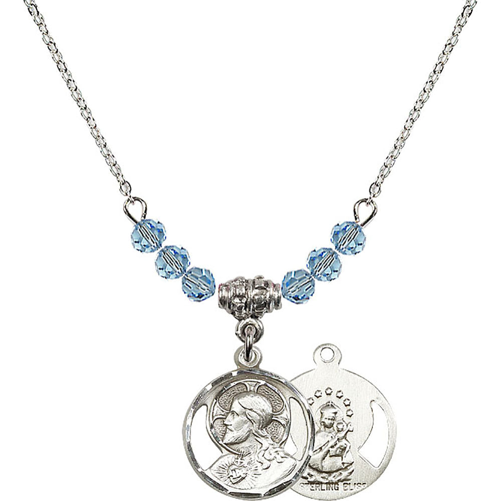 Sterling Silver Scapular Birthstone Necklace with Aqua Beads - 0611