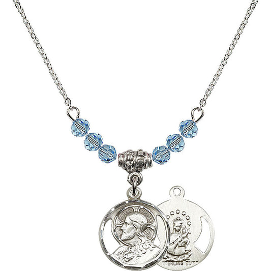 Sterling Silver Scapular Birthstone Necklace with Aqua Beads - 0611