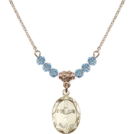 14kt Gold Filled Baptism Birthstone Necklace with Aqua Beads - 0612
