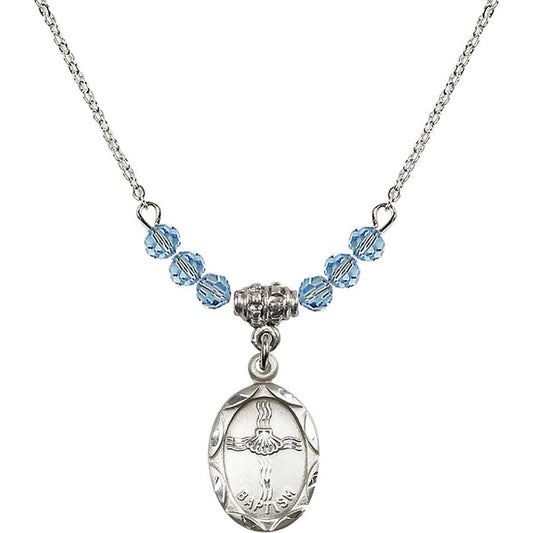 Sterling Silver Baptism Birthstone Necklace with Aqua Beads - 0612