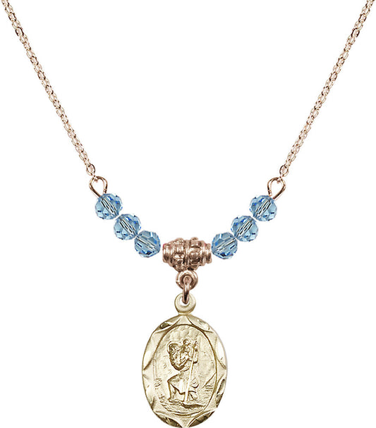 14kt Gold Filled Saint Christopher Birthstone Necklace with Aqua Beads - 0612