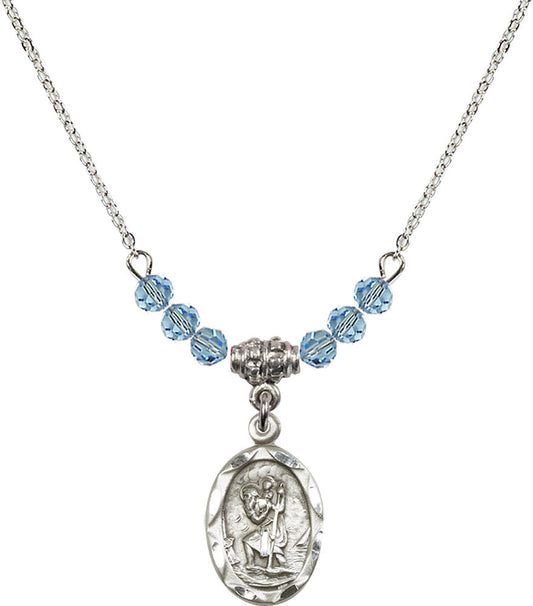 Sterling Silver Saint Christopher Birthstone Necklace with Aqua Beads - 0612