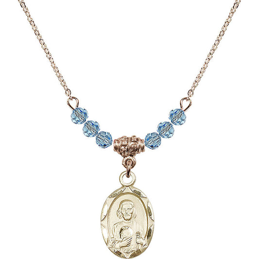 14kt Gold Filled Saint Jude Birthstone Necklace with Aqua Beads - 0612