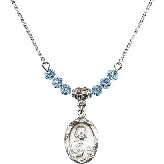 Sterling Silver Saint Jude Birthstone Necklace with Aqua Beads - 0612