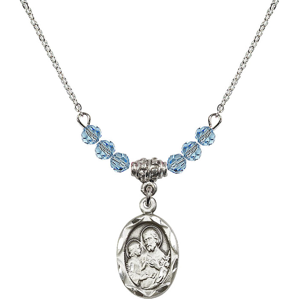 Sterling Silver Saint Joseph Birthstone Necklace with Aqua Beads - 0612
