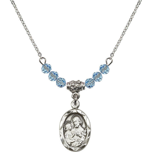 Sterling Silver Saint Joseph Birthstone Necklace with Aqua Beads - 0612