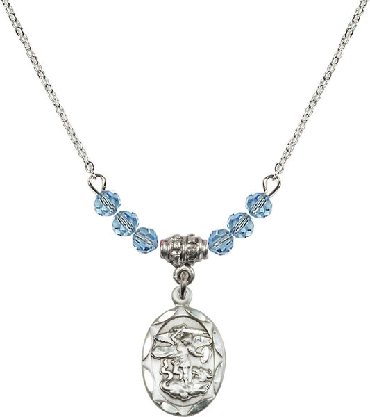 Sterling Silver Saint Michael the Archangel Birthstone Necklace with Aqua Beads - 0612
