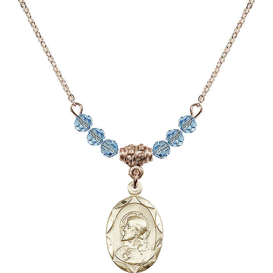 14kt Gold Filled Scapular Birthstone Necklace with Aqua Beads - 0612