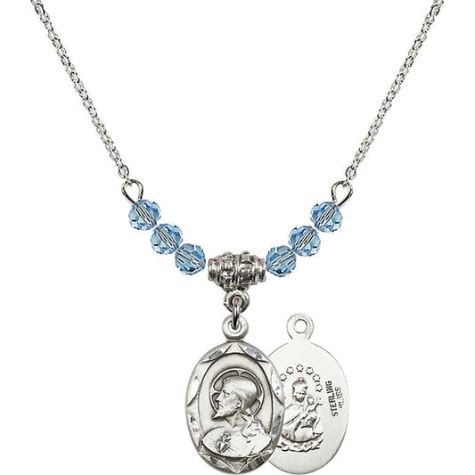 Sterling Silver Scapular Birthstone Necklace with Aqua Beads - 0612