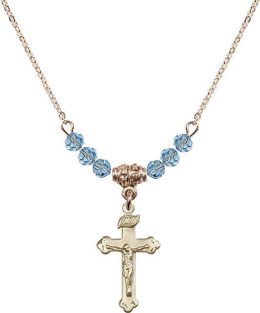 14kt Gold Filled Crucifix Birthstone Necklace with Aqua Beads - 0669