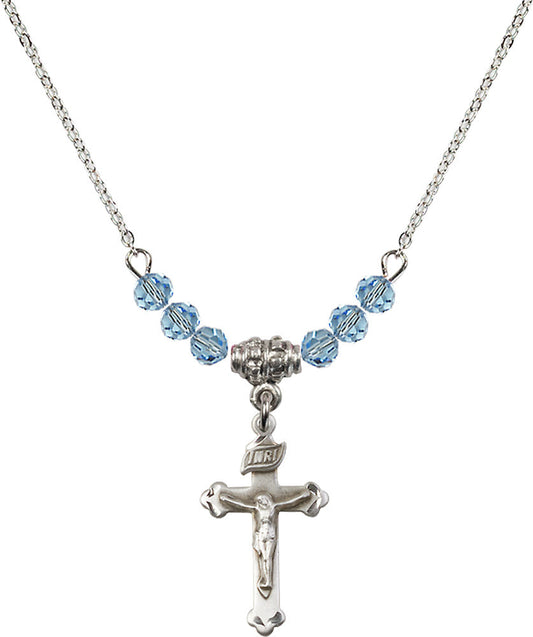 Sterling Silver Crucifix Birthstone Necklace with Aqua Beads - 0669