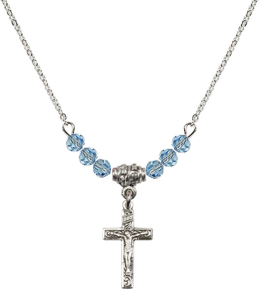 Sterling Silver Crucifix Birthstone Necklace with Aqua Beads - 0672