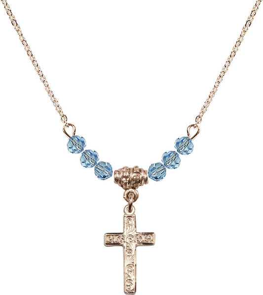 14kt Gold Filled Cross Birthstone Necklace with Aqua Beads - 0672