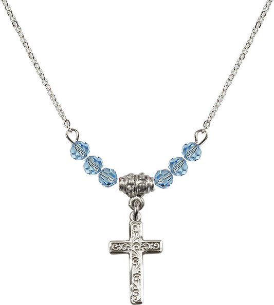 Sterling Silver Cross Birthstone Necklace with Aqua Beads - 0672