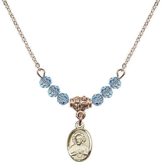 14kt Gold Filled Scapular Birthstone Necklace with Aqua Beads - 0702