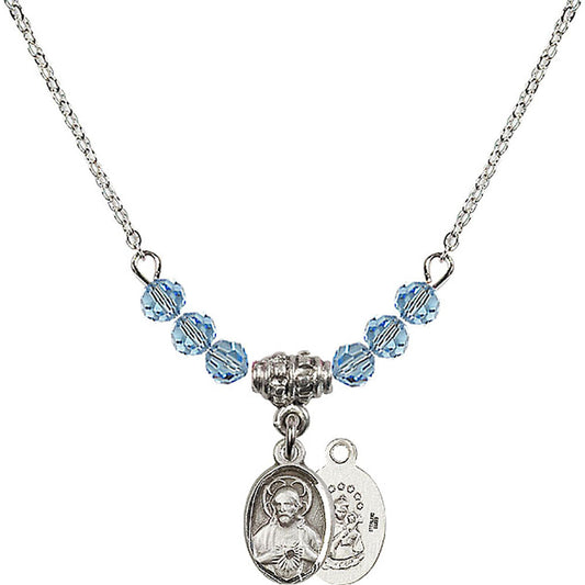 Sterling Silver Scapular Birthstone Necklace with Aqua Beads - 0702