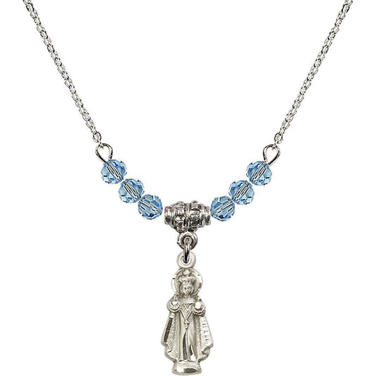 Sterling Silver Infant of Prague Birthstone Necklace with Aqua Beads - 0823