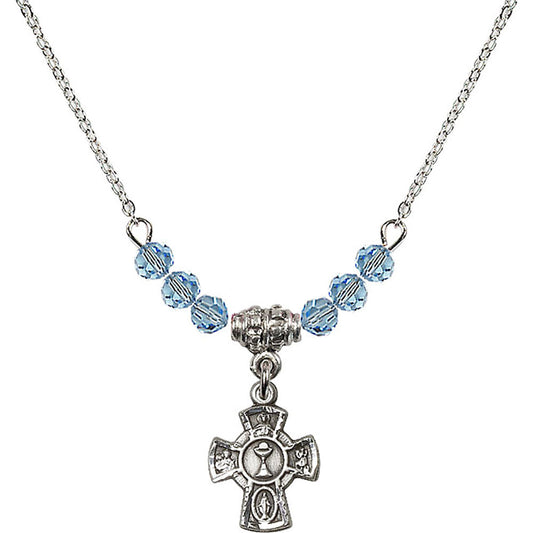 Sterling Silver 5-Way / Chalice Birthstone Necklace with Aqua Beads - 0845