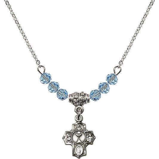 Sterling Silver Communion 5-Way Birthstone Necklace with Aqua Beads - 0890