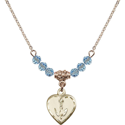 14kt Gold Filled Heart / Confirmation Birthstone Necklace with Aqua Beads - 0891