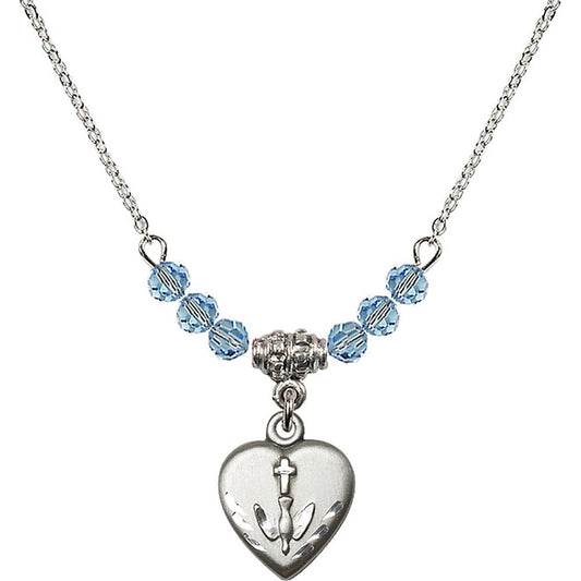 Sterling Silver Heart / Confirmation Birthstone Necklace with Aqua Beads - 0891
