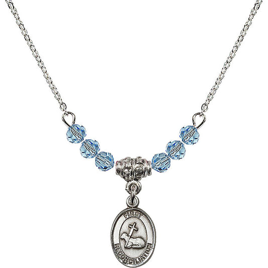 Sterling Silver First Reconciliation Birthstone Necklace with Aqua Beads - 0968