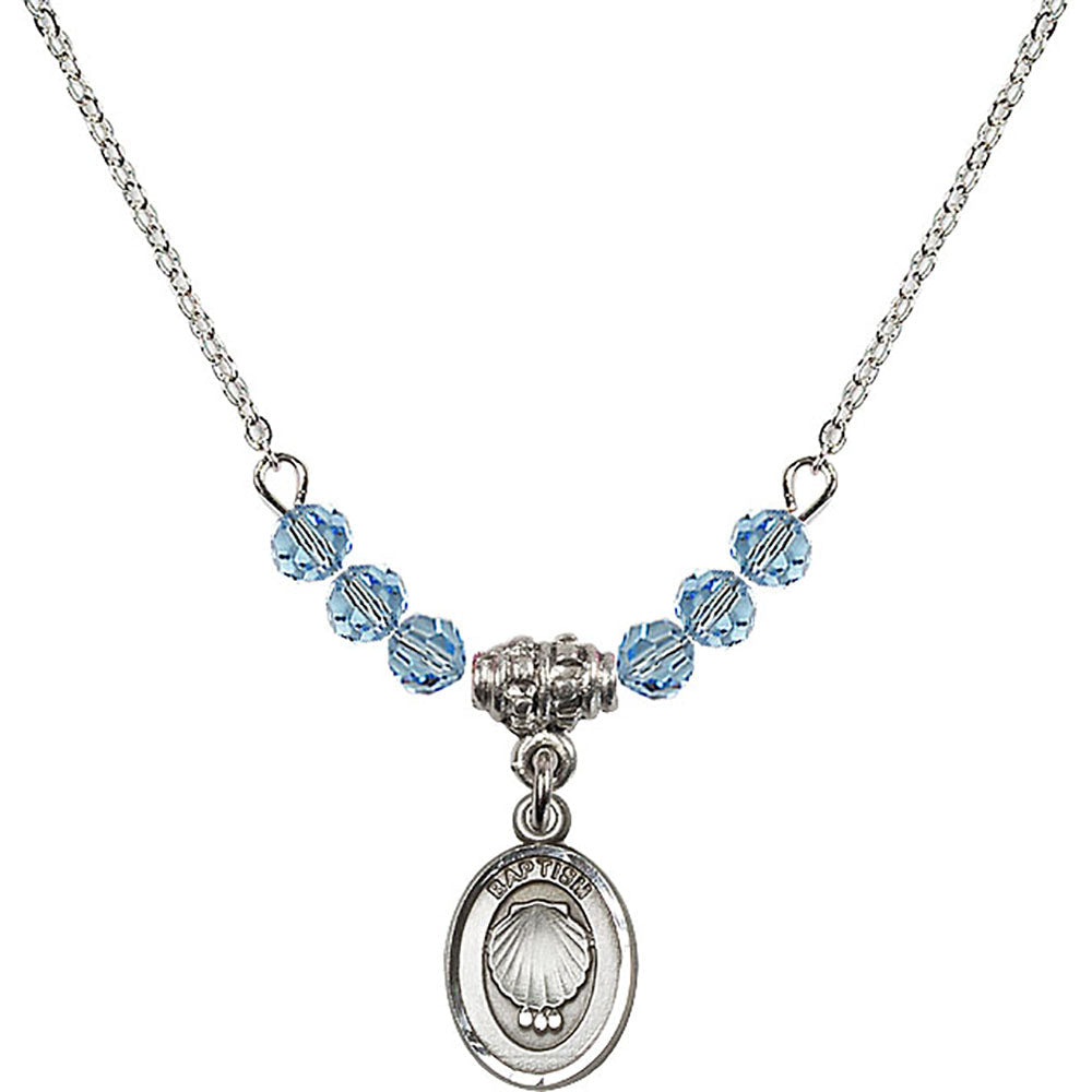 Sterling Silver Baptism Birthstone Necklace with Aqua Beads - 0974