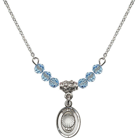 Sterling Silver Baptism Birthstone Necklace with Aqua Beads - 0974