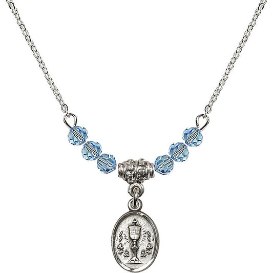 Sterling Silver Chalice Birthstone Necklace with Aqua Beads - 0975