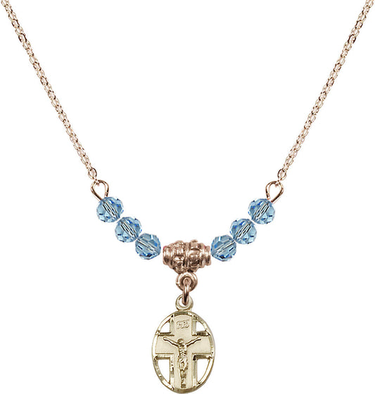 14kt Gold Filled Crucifix Birthstone Necklace with Aqua Beads - 0978