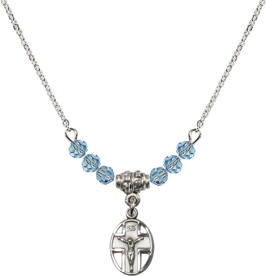Sterling Silver Crucifix Birthstone Necklace with Aqua Beads - 0978