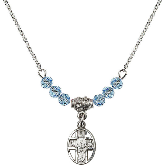 Sterling Silver 5-Way / Chalice Birthstone Necklace with Aqua Beads - 0979