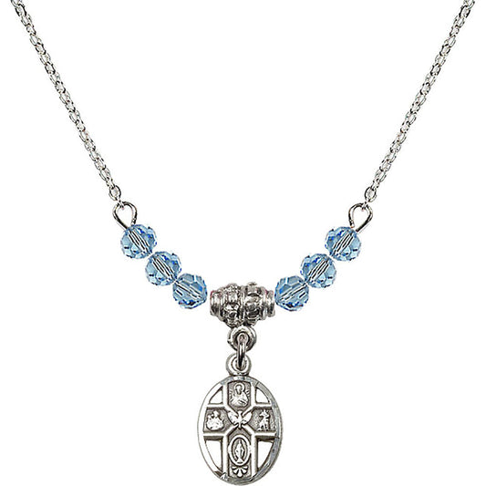 Sterling Silver 5-Way Birthstone Necklace with Aqua Beads - 0980