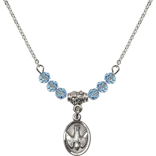 Sterling Silver Holy Spirit Birthstone Necklace with Aqua Beads - 0982