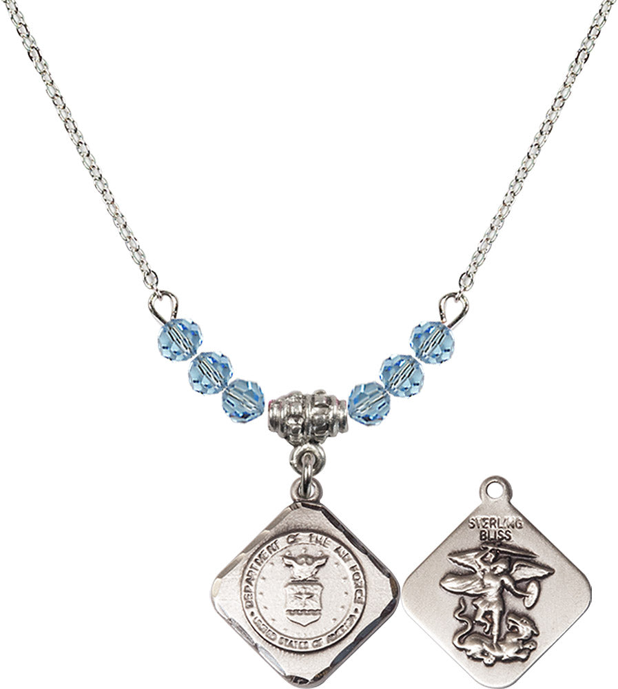 Sterling Silver Air Force Diamond Birthstone Necklace with Aqua Beads - 1180