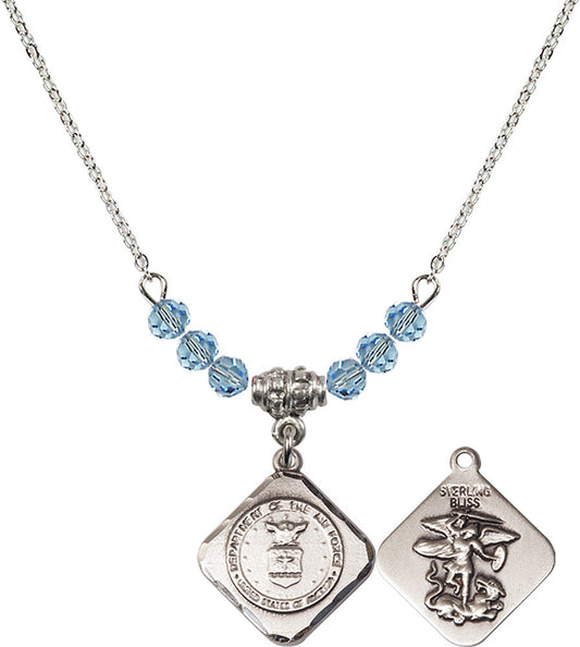 Sterling Silver Air Force Diamond Birthstone Necklace with Aqua Beads - 1180