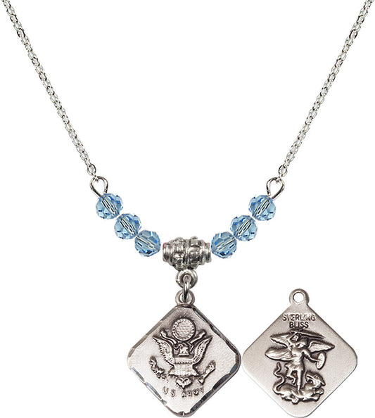 Sterling Silver Army Diamond Birthstone Necklace with Aqua Beads - 1180