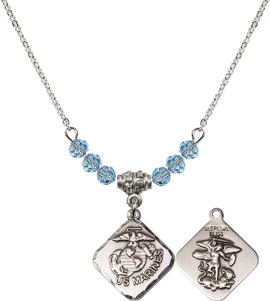 Sterling Silver Marines Diamond Birthstone Necklace with Aqua Beads - 1180